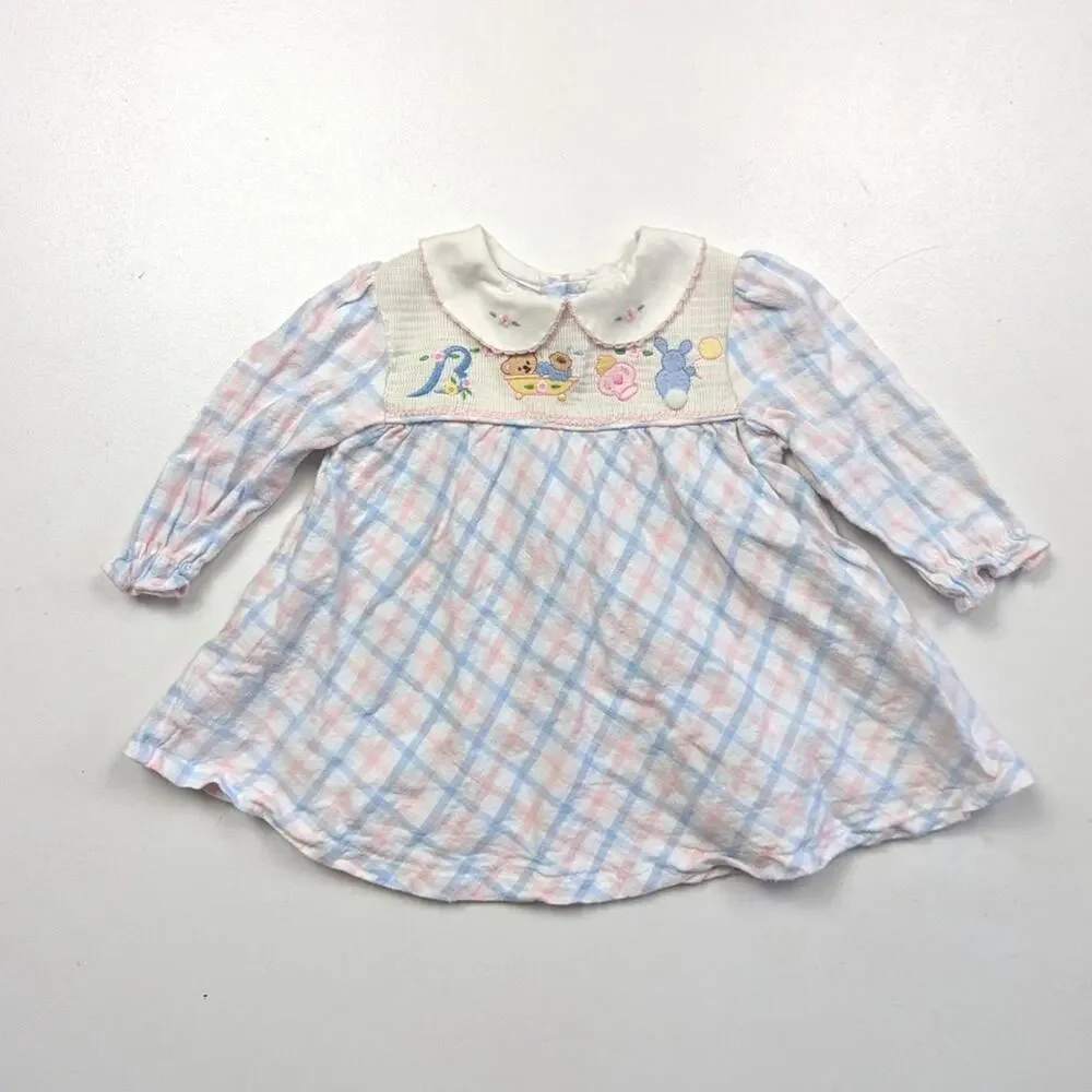 Vintage 90s Dress Baby Girls Size 6-9m Plaid Smocked Bear Bunny